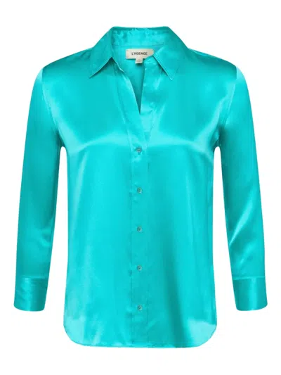 L Agence Three-quarter Sleeve Silk Shirt In Blue