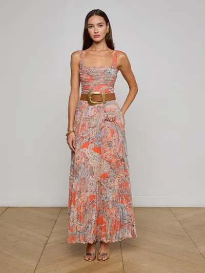 L Agence Torin Pleated Maxi Skirt In Orange/light Blue Traditional Paisley