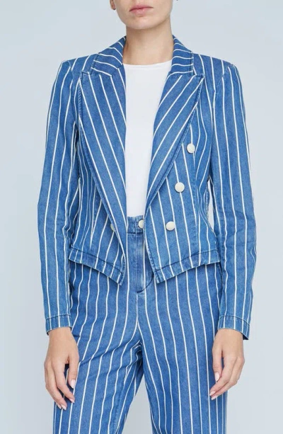 L Agence Wayne Stripe Double Breasted Crop Denim Jacket In Denim Stripe