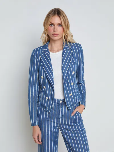 L Agence L'agence Wayne Stripe Double Breasted Crop Denim Jacket In Blue
