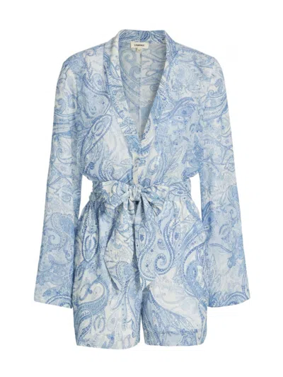 L Agence Arabell Romper In Ivory/blue Decorated Paisley In Ivory Blue Decorated Paisley