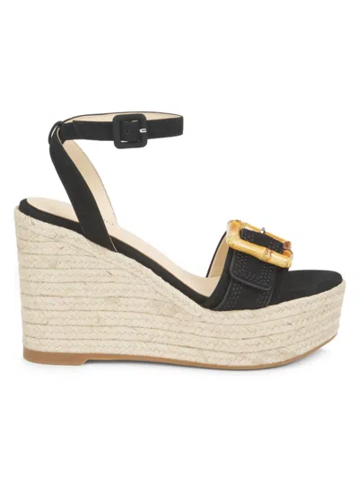 L Agence Women's Aurore 100mm Suede Leather Bamboo-buckle Wedge Sandals In Black