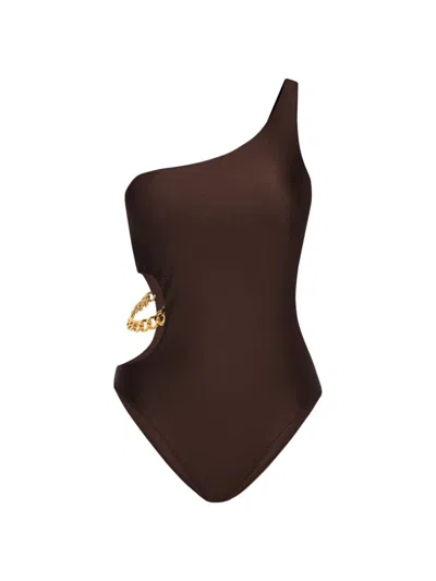 L Agence Ava Shimmer One-shoulder Cutout One-piece Swimsuit In Chocolate