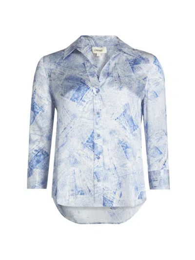 L Agence L'agence Dani Denim Print Silk Button-up Shirt In Blue Multi Denim Print