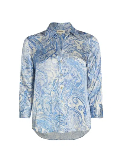 L Agence Dani Silk Blouse In Ivory Blue Decorated Paisley