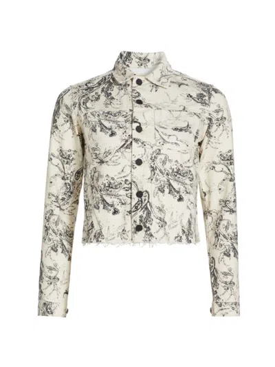 L Agence Janice Paisley Cropped Denim Jacket In Ecru/black Paisley In White