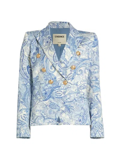 L Agence Women's Marie Double-breasted Paisley Cotton Blazer In Ivory Blue Decorated Paisley