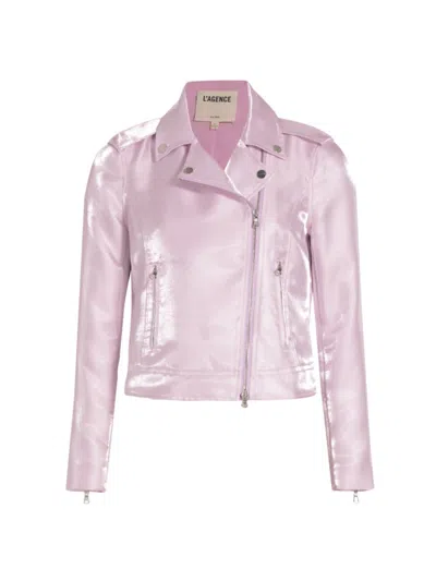 L Agence Women's Reflective Satin Biker Jacket In Lilac Snow