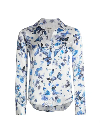 L Agence L'agence Tyler Floral Butterfly Print Silk Button-up Shirt In White/blue Butterfly