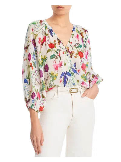 L Agence Womens Bishop Sleeve Floral Print Button-down Top In White