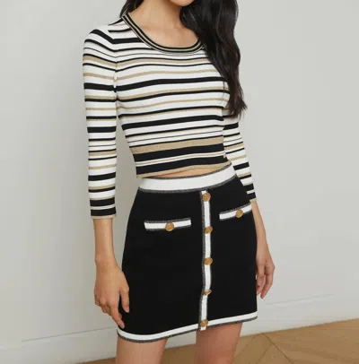 L Agence Yukio Cropped Pullover In White/ Black/ Gold Stripe