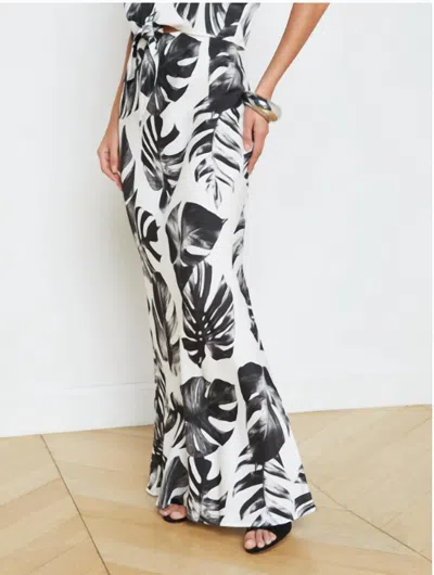 L Agence Zeta Long Skirt In Black And White Plam Print In Black/white Palm Leaves