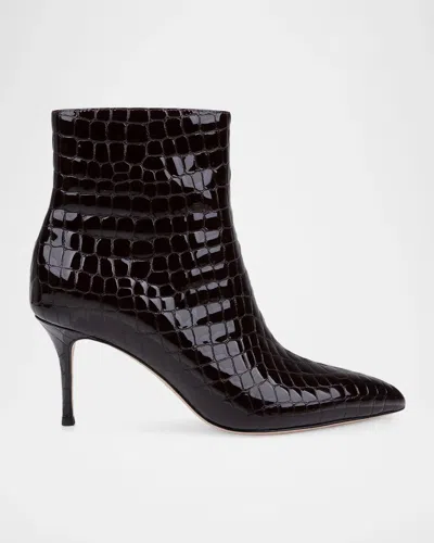 L & Apos;agence 75mm Houston Ii Croc-embossed Patent Leather Ankle Booties In Burgundy P