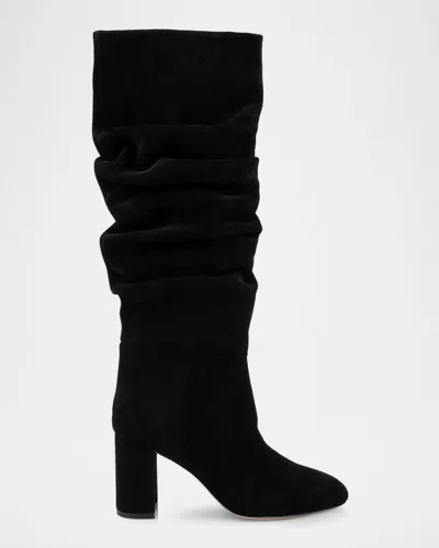 L & Apos;agence 80mm Fletcher Suede Scrunched Knee-high Boots In Black Sued