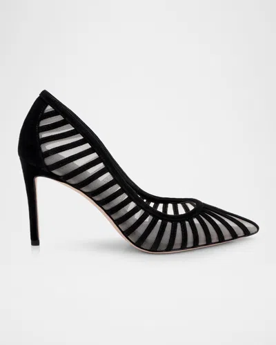 L & Apos;agence 85mm Lenox Mesh And Suede Pumps In Black