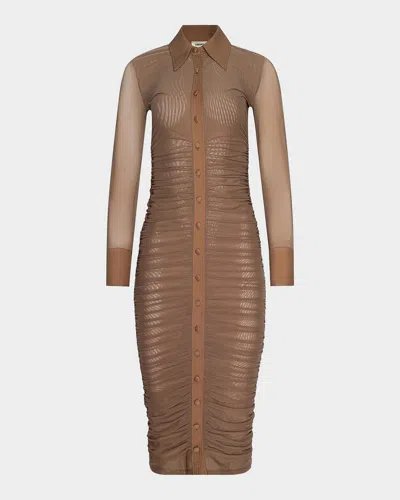 L & Apos;agence Adriana Ruched Body-con Midi Shirtdress In Hazelnut
