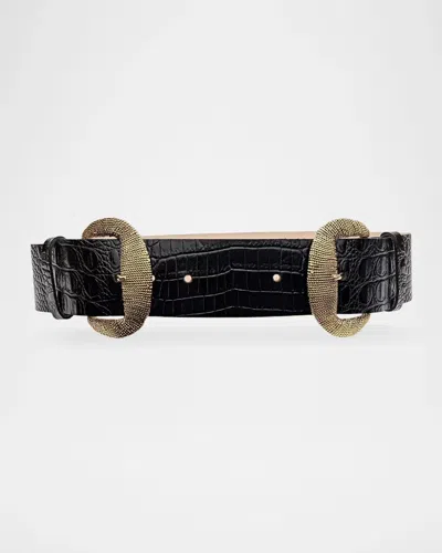 L & Apos;agence Rooney Croc-embossed Leather Belt In Black Croc