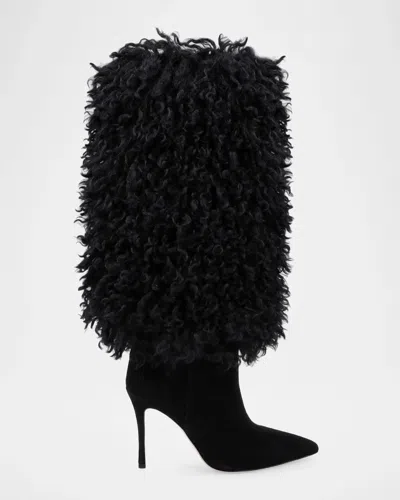 L & Apos;agence Sheridan Faux-fur-trim Knee-high Boots In Black Sued