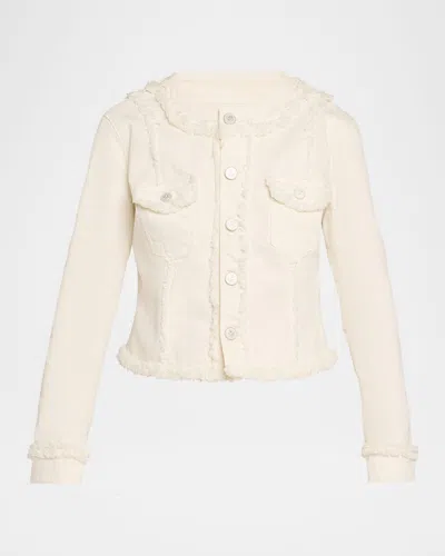 L & Apos;agence Yarin Fringe-trim Collarless Denim Jacket In Neutral