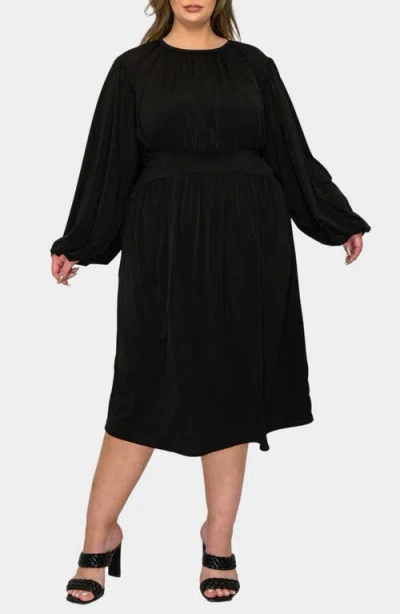 L I V D Audrey Gathered Long Sleeve Midi Dress In Black