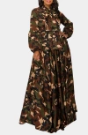 L I V D Bella Donna Camo Tie Neck Long Sleeve Maxi Shirtdress In Camo