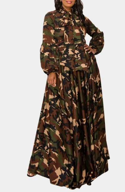 L I V D Bella Donna Camo Tie Neck Long Sleeve Maxi Shirtdress