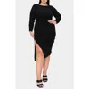 L I V D Bianca Open Back Side Slit Long Sleeve Stretch Dress In Black