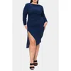 L I V D Bianca Open Back Side Slit Long Sleeve Stretch Dress In Navy