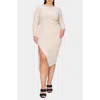 L I V D Bianca Open Back Side Slit Long Sleeve Stretch Dress In Oatmeal