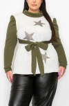 L I V D Britt Star Tie Waist Puff Shoulder Sweater In White