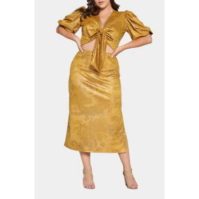 L I V D Cheetah Print Foil Tie Front Ponte Crop Top & Skirt Set In Dark Yellow