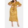 L I V D Cheetah Print Foil Tie Front Ponte Crop Top & Skirt Set In Mustard