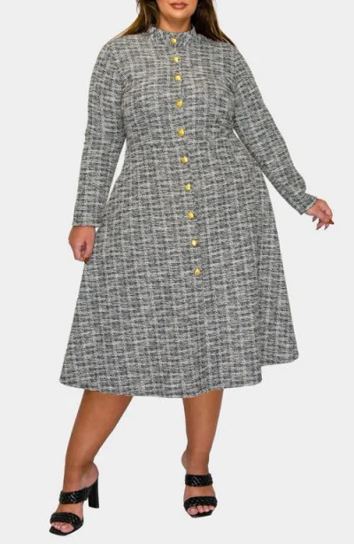 L I V D Chelsea Long Sleeve Tweed Midi Dress In Black