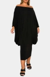 L I V D Eero Off The Shoulder Long Sleeve Tapered Hem Midi Dress In Black