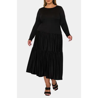 L I V D Eliana Long Sleeve Tiered Midi Dress In Black