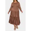 L I V D Eliana Long Sleeve Tiered Midi Dress In Brown