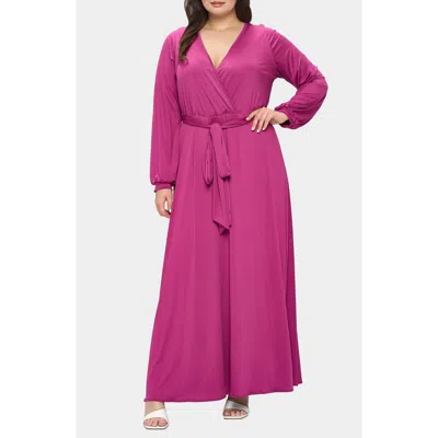 L I V D Espinoza Belted Long Sleeve Jersey Maxi Dress In Magenta