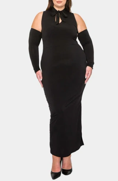L I V D Fatale Tie Neck Cold Shoulder Long Sleeve Dress In Black