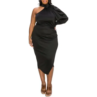 L I V D Gigi One-shoulder Long Sleeve Midi Dress In Black