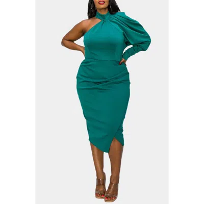 L I V D Gigi One-shoulder Long Sleeve Midi Dress In Dark Green