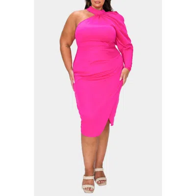 L I V D Gigi One-shoulder Long Sleeve Midi Dress In Neon Pink