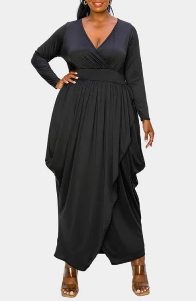 L I V D Giuliana Long Sleeve Tulip Hem Faux Wrap Maxi Dress In Black