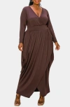 L I V D Giuliana Long Sleeve Tulip Hem Faux Wrap Maxi Dress In Brown