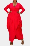 L I V D Giuliana Long Sleeve Tulip Hem Faux Wrap Maxi Dress In Red