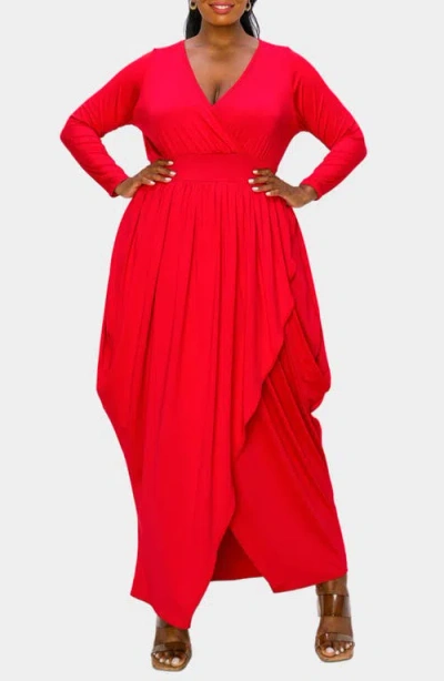 L I V D Giuliana Long Sleeve Tulip Hem Faux Wrap Maxi Dress In Red
