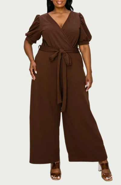 L I V D Iris Belted Wide Leg Jumpsuit In Brown