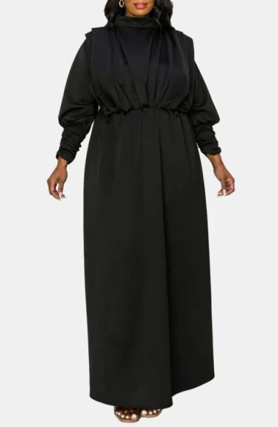 L I V D Laufey Pleated Bodice Bracelet Sleeve Stretch Dress In Black