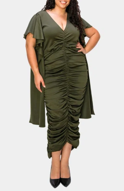 L I V D Nadia Ruched V-neck Midi Dress In Army