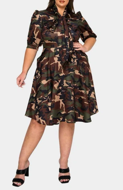 L I V D Outlaw Camo Tie Neck Flare Dress