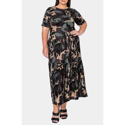 L I V D Remi Camo Tiered Maxi Dress In Dark Green